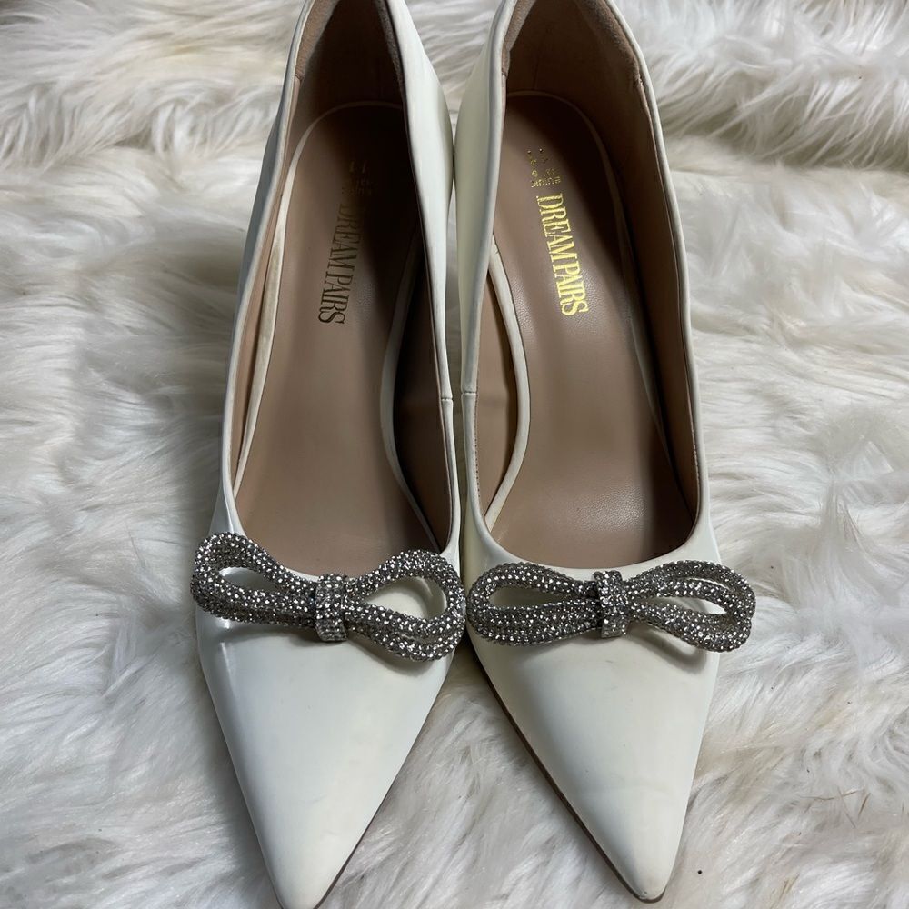 DREAM PAIRS soft synthetic off white slip on heels sparkling bow accent SZ 11